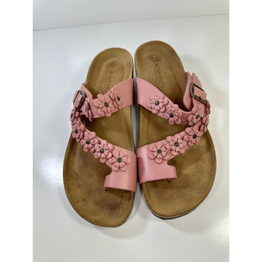 A. Giannetti Women Pink Leather Floral Wedge Sandals Made in Italy Size 8